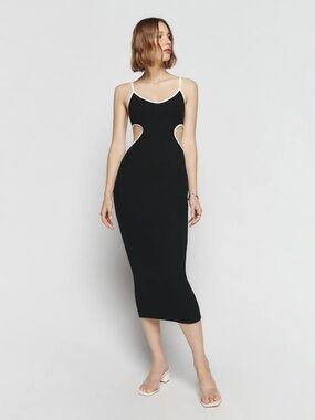 REFORMATION Black Cutout Midi Dress with White Trim